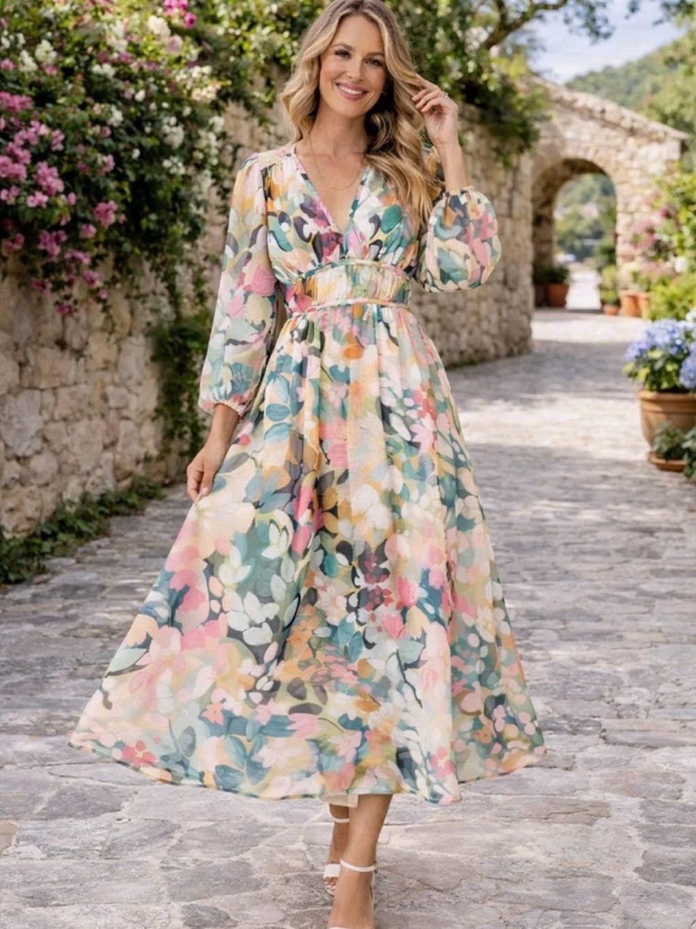 Floral V-Neck Maxi Dress in Pastel Multi